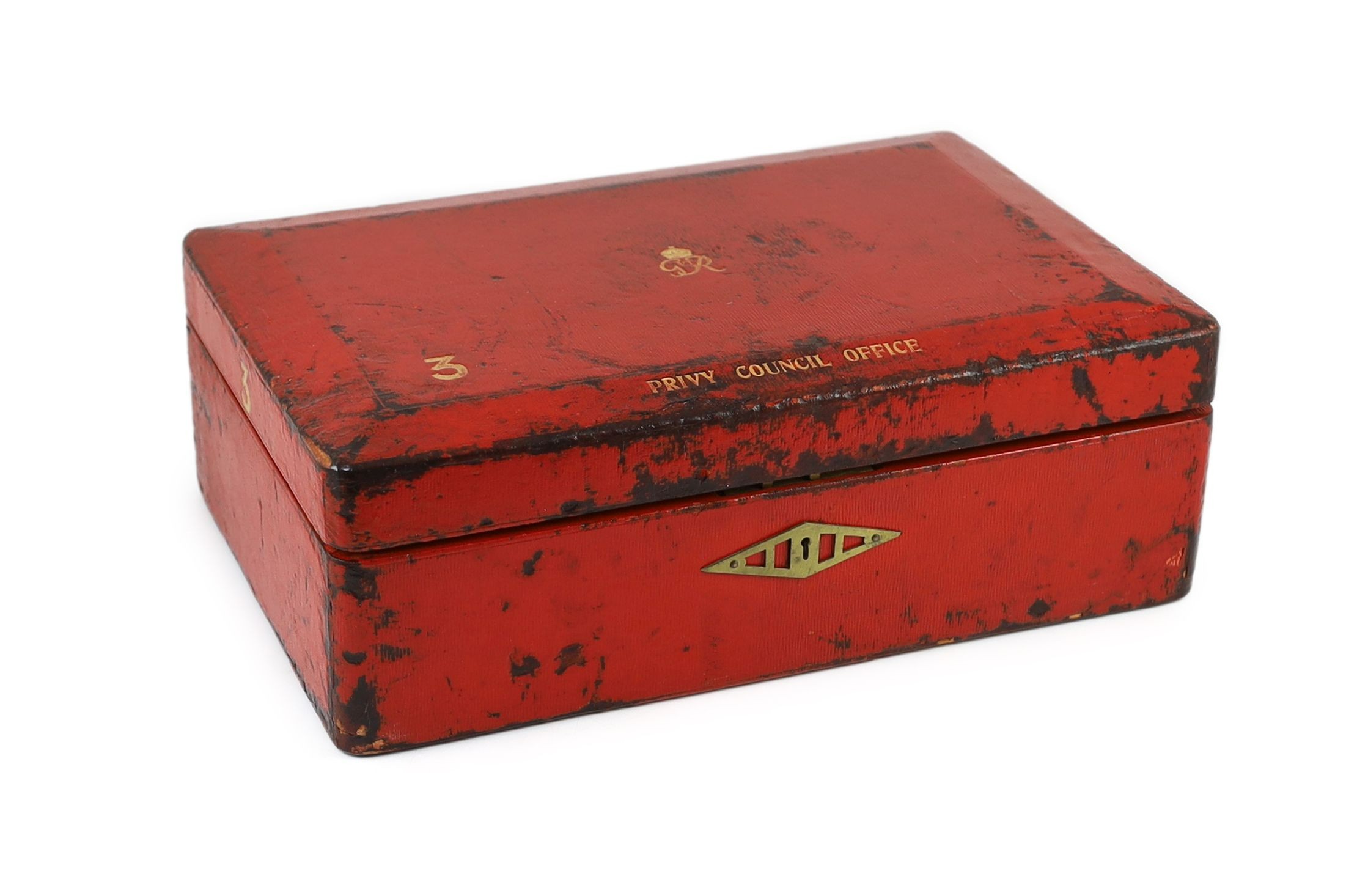 A George VI red morocco leather government despatch box, 46cm wide 31cm deep 15cm high